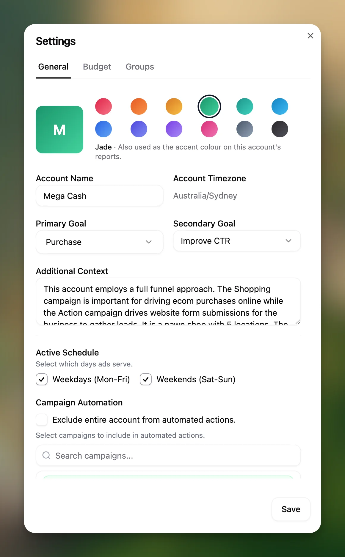 Pace account settings modal showing accent colour, KPI goals, additional context, active schedule, and campaign automation controls