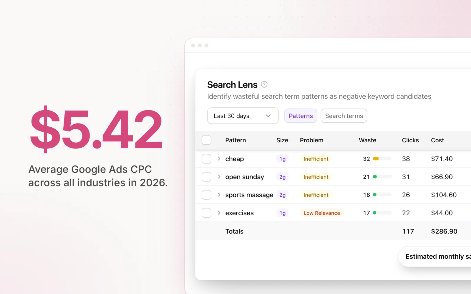 $5.42 beside the Pace Search Lens table grouping wasteful search term patterns as negative keyword candidates, with clicks and cost per pattern