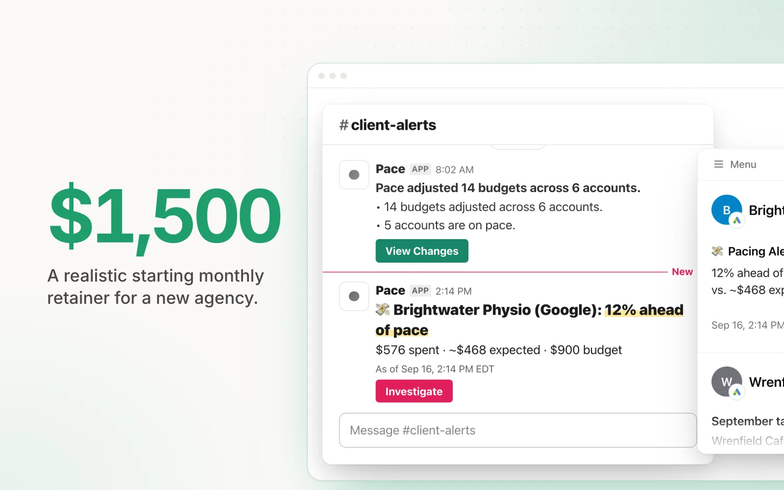 $1,500 beside a Pace pacing alert posted to a #client-alerts Slack channel and the Pace Alerts tab