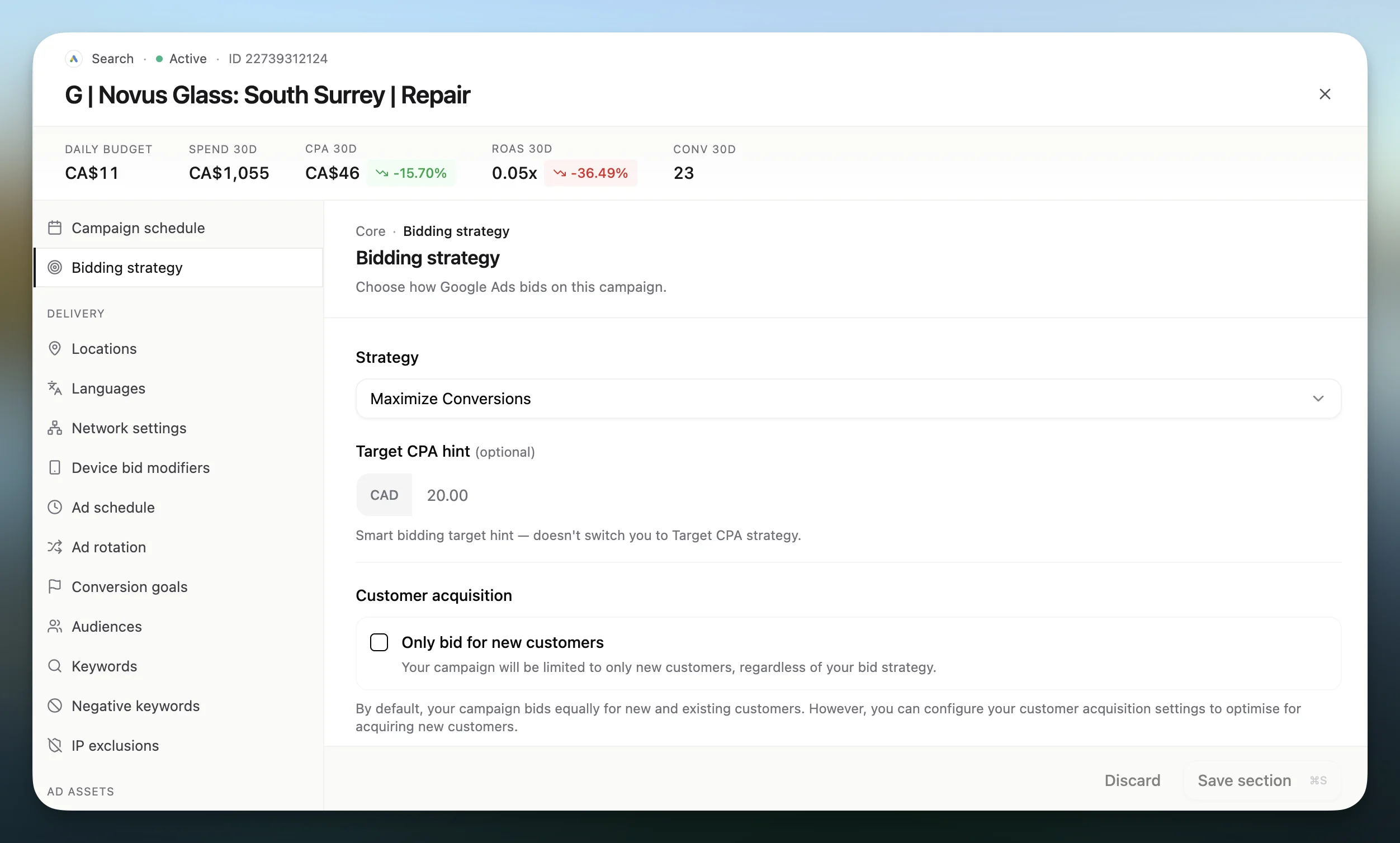 Pace Google Ads campaign edit dialog with bidding strategy section open and 30-day stats visible