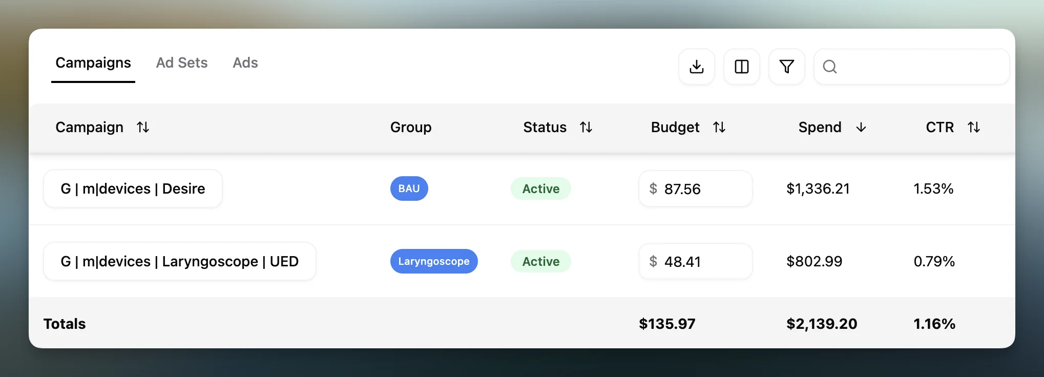 Pace Campaign Groups inside an ad account with per-group budgets, goals, and AI strategy memory