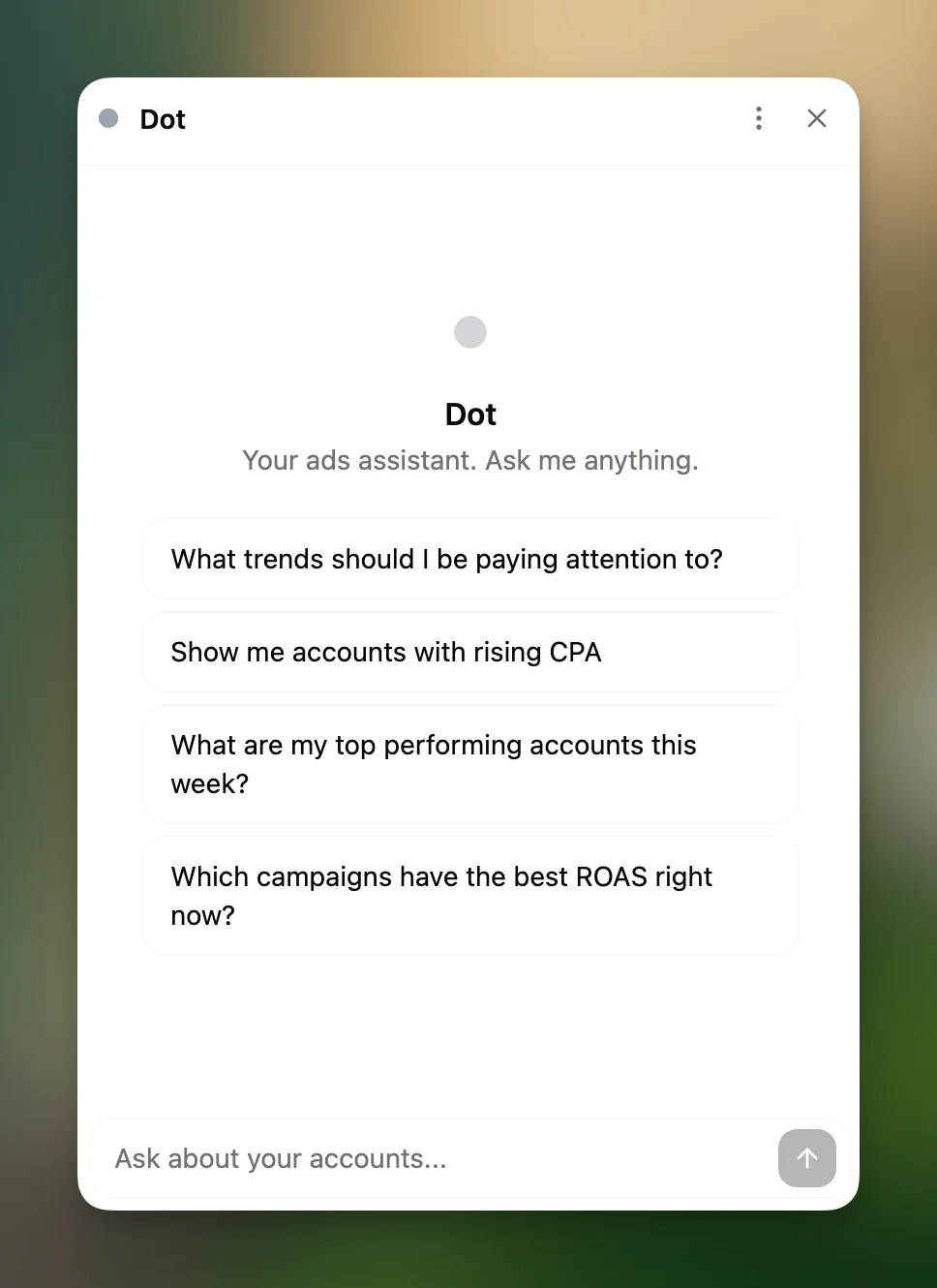 Pace Intelligence (Dot) AI chat panel showing a real conversation with account chips and follow-up suggestions