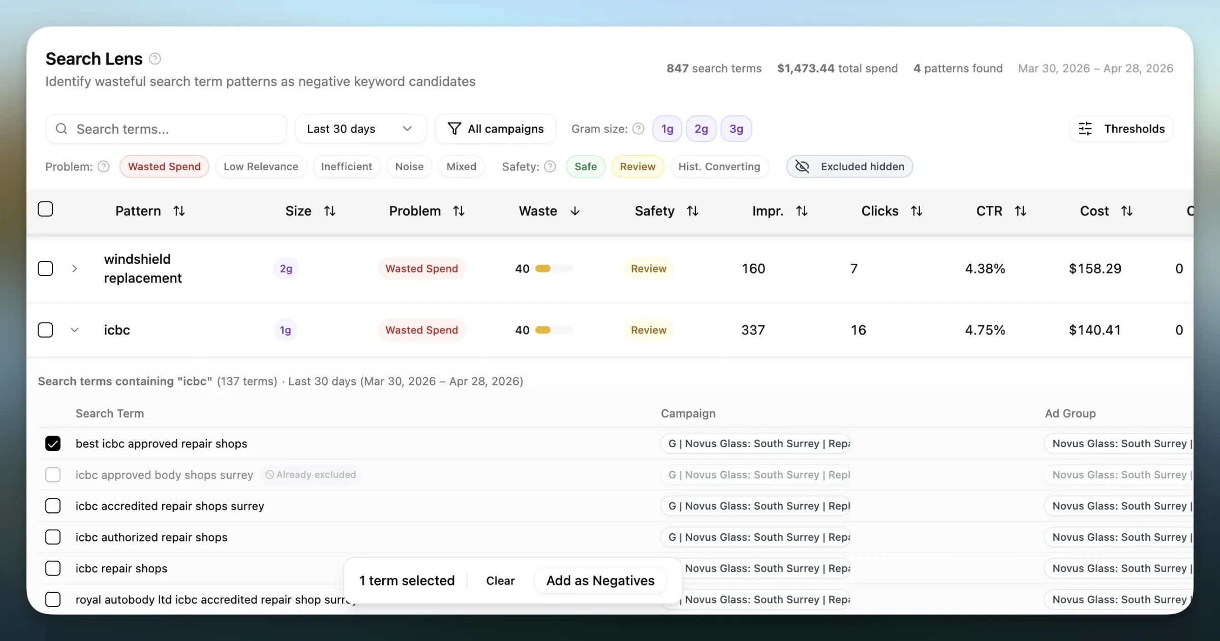 Pace Search Lens keyword and search term analysis