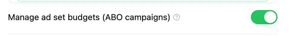 Account Settings General tab with the Manage ad set budgets (ABO campaigns) switch turned on