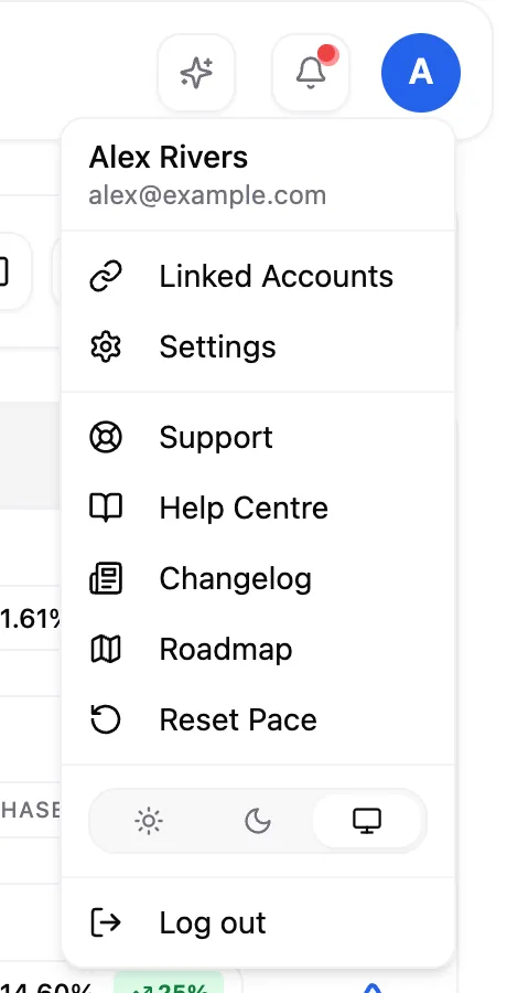 The avatar menu open in Pace with the sun, moon and monitor theme icons near the bottom.