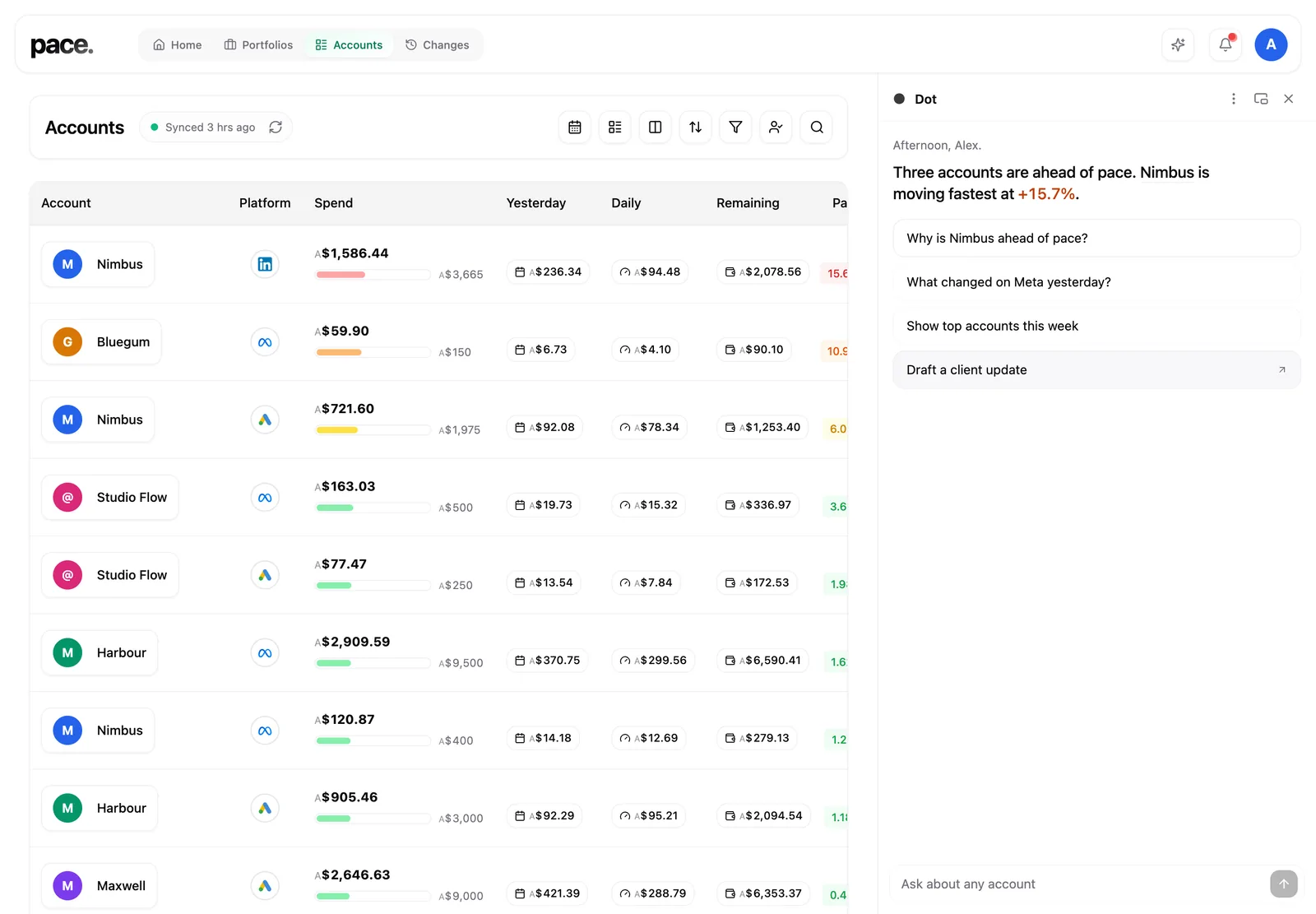 Dot docked as a full-height side panel with the accounts page reflowed beside it