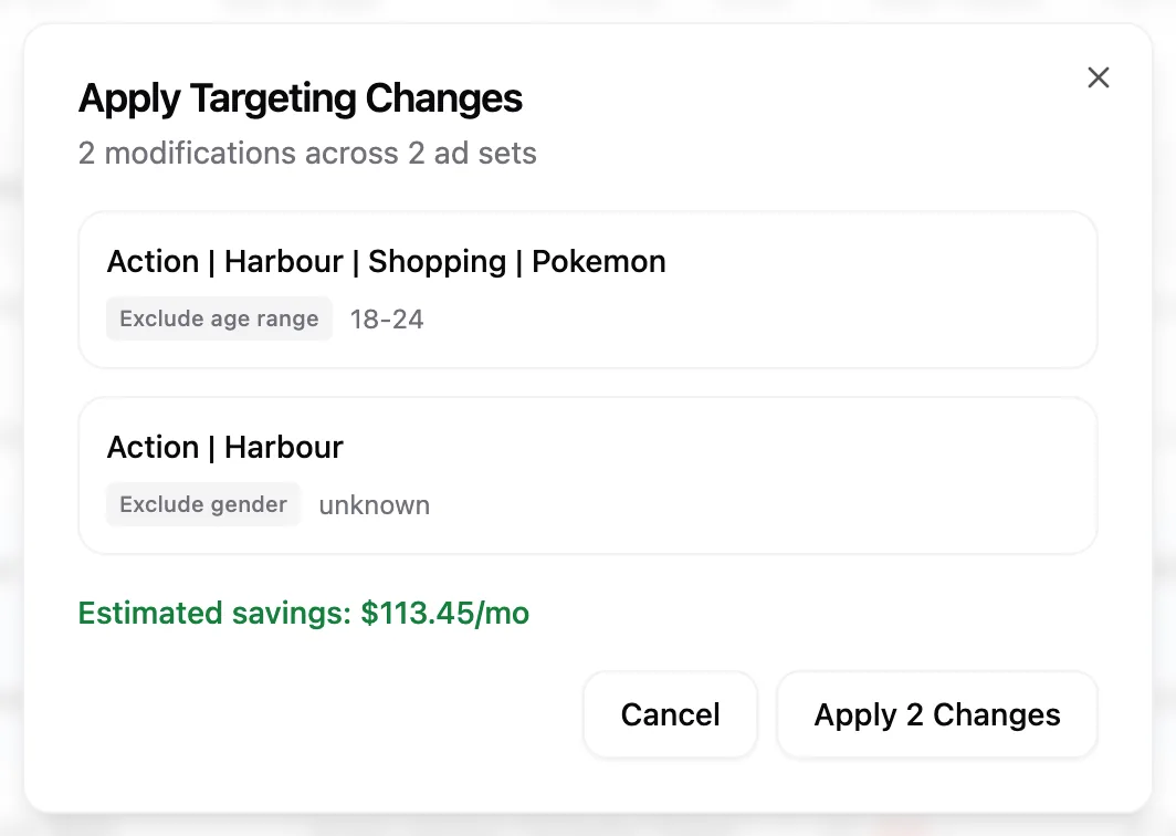 The apply dialog listing each selected exclusion, the campaigns affected, and the estimated monthly saving.