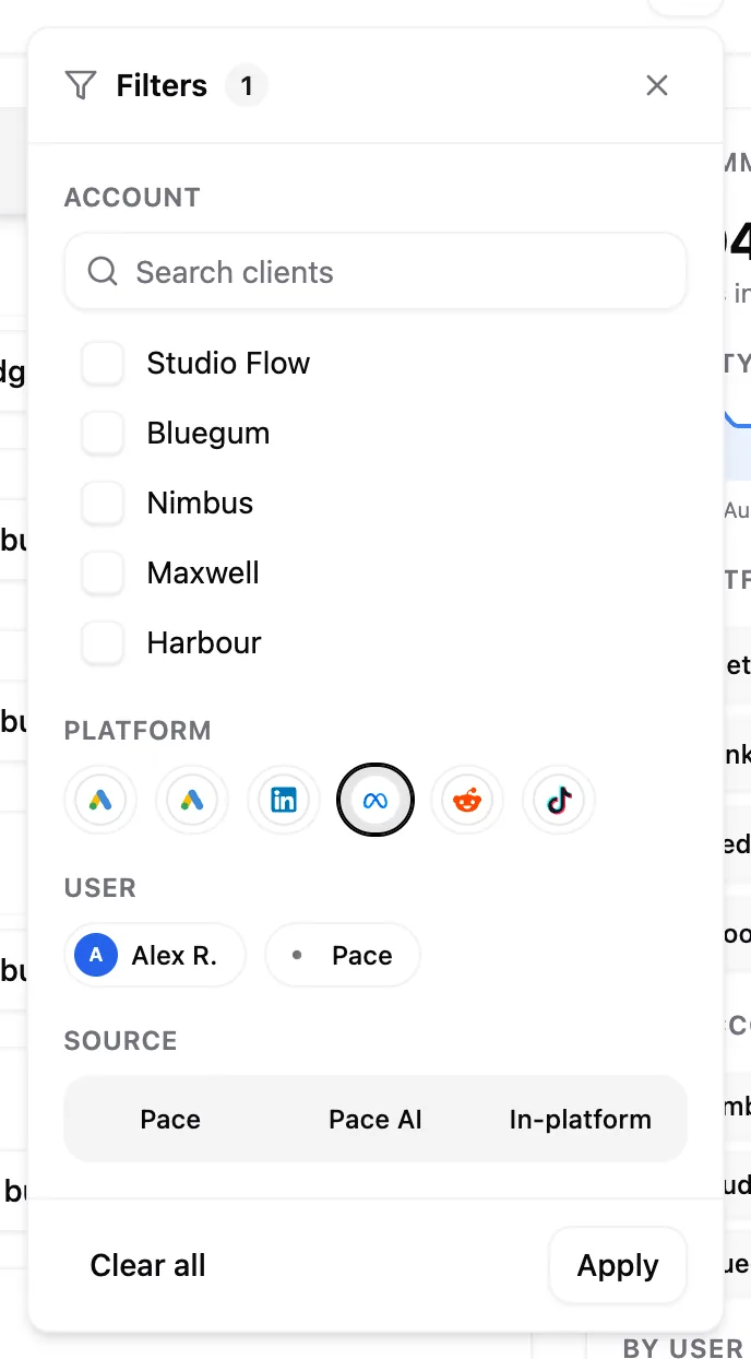 The Filters popover with account search, platform and user pills, and a Pace, Pace AI, In-platform source switch.