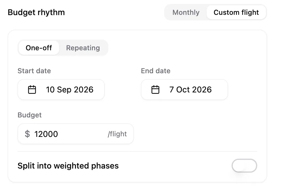 The Budget rhythm control set to Custom flight, above the flight editor's start date, end date and budget fields