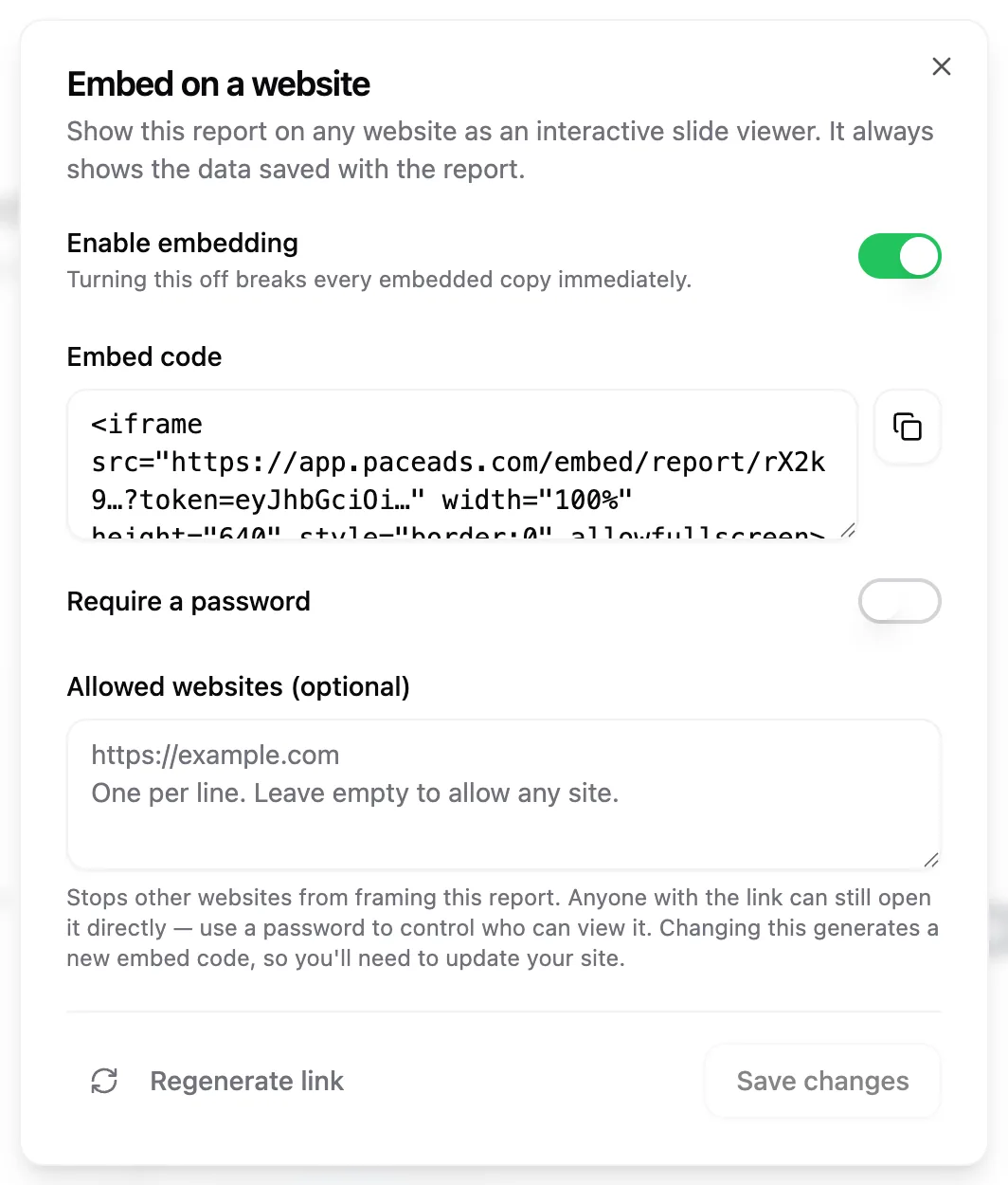 The Embed on a website dialog with the enable switch, embed code box, password toggle, and allowed websites field.
