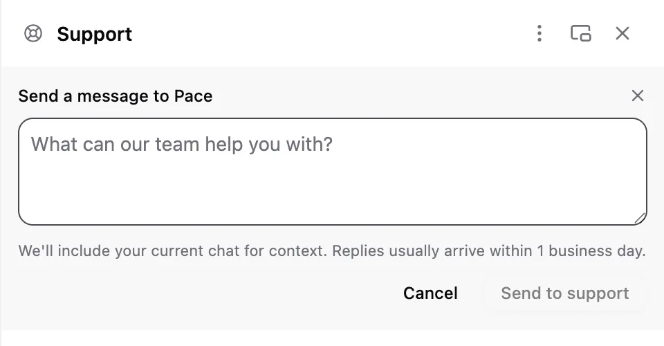 The new ticket form with a message box and a Send to support button