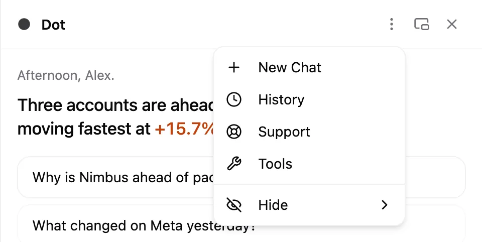 The Dot panel menu open with the Support item highlighted