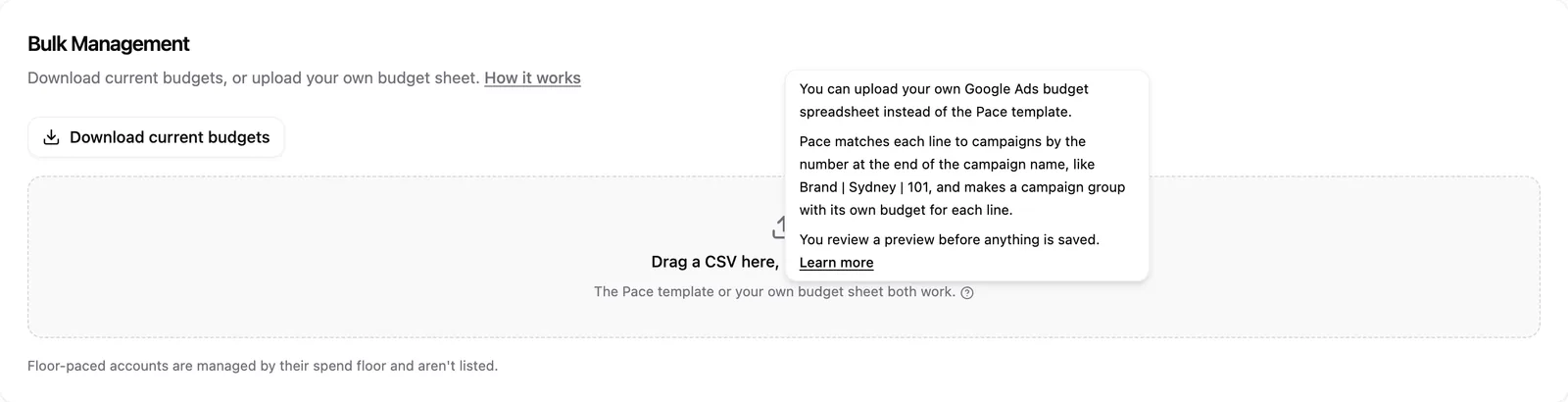 The Bulk Management upload area with its help tooltip open, explaining that your own budget sheet works too.