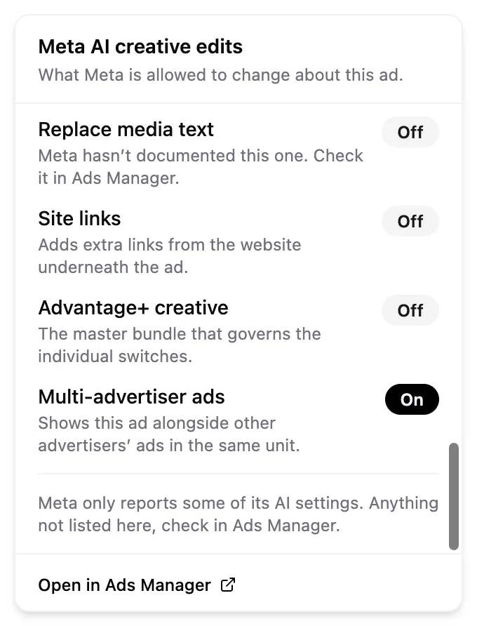 The Meta AI creative edits panel listing each switch as On or Off with a description of what it changes