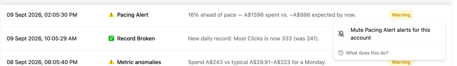 The three-dot menu on an alert row, open on the option to mute that alert type for the account.