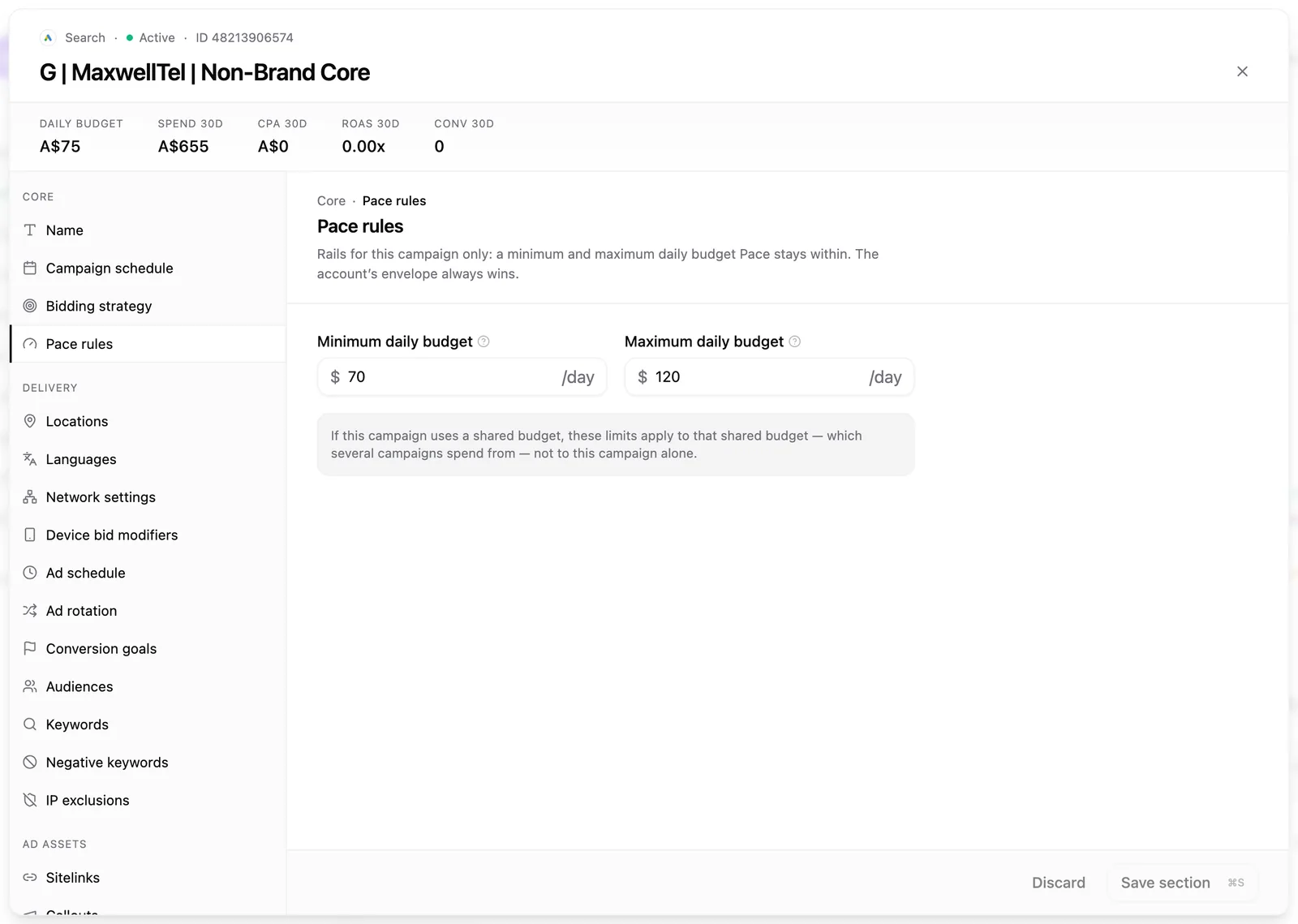 The Pace rules section of the campaign edit dialog, with Minimum daily budget and Maximum daily budget fields.