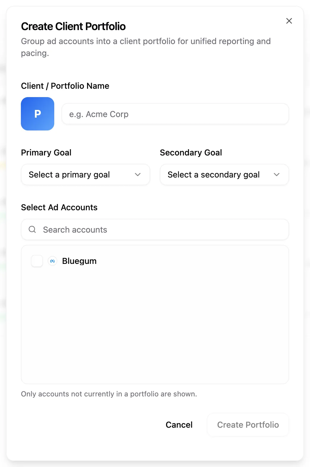 The Create Client Portfolio dialog with name, goal pickers and the searchable account list.