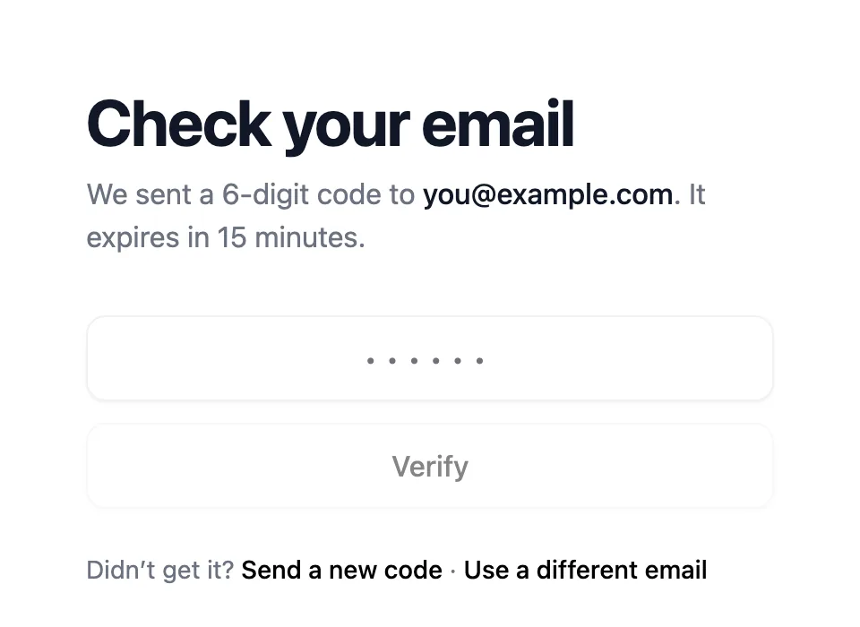 The Check your email screen with a six-digit code field, a Verify button, and a link to send a new code.