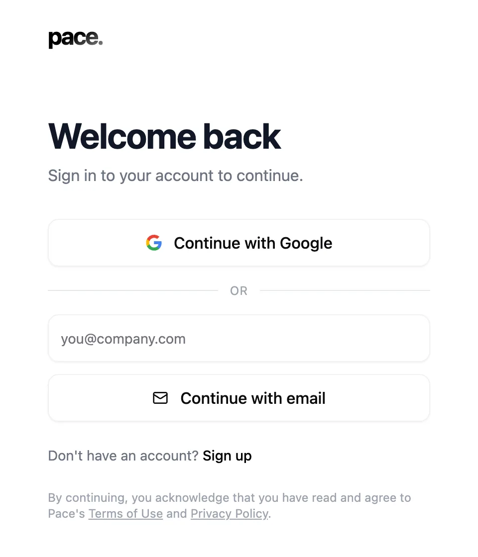 The Pace login screen with a Continue with Google button, an email field, and a Continue with email button.